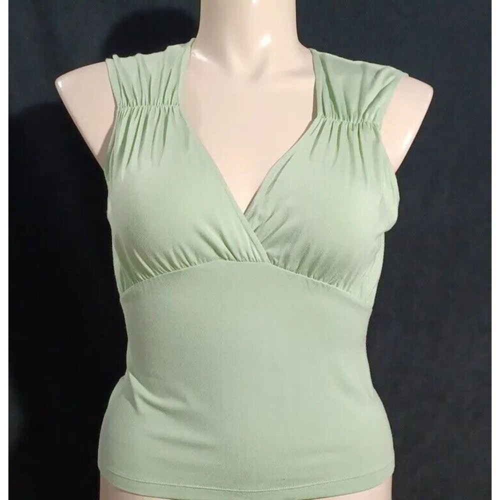 Nicole Miller Womens L Top Sage Green Sexy Tank Empire Ruched Stretch Washable